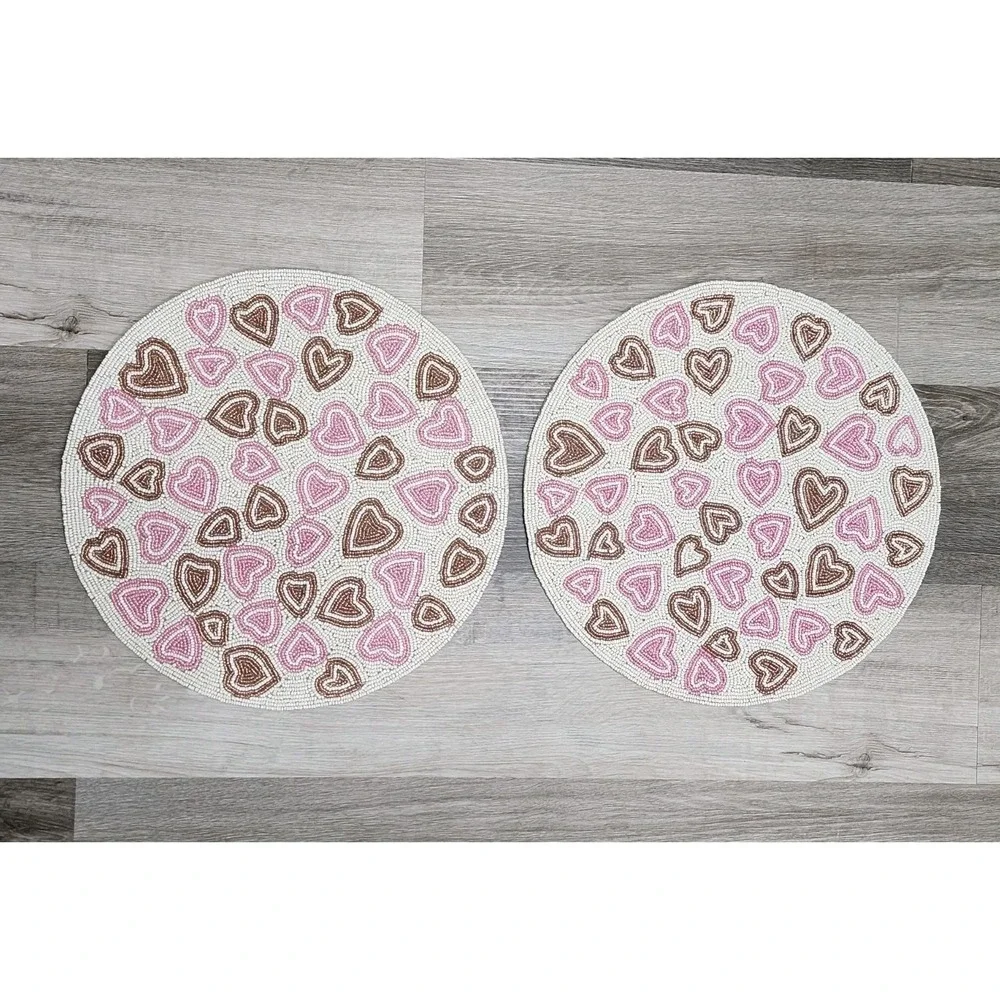 Valentines‎ Day Pink & Gold Hearts Beaded Placemat Charger Placemats 2 Pc 15